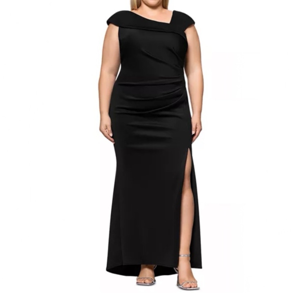 New Xscape Pleated Asymmetrical Scuba Gown in Black Size 20W